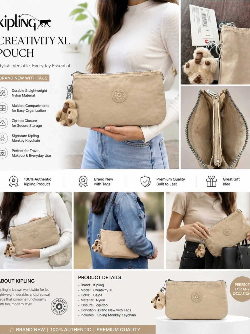 Kipling Creativity XL Pouch in Beige with Monkey Keychain